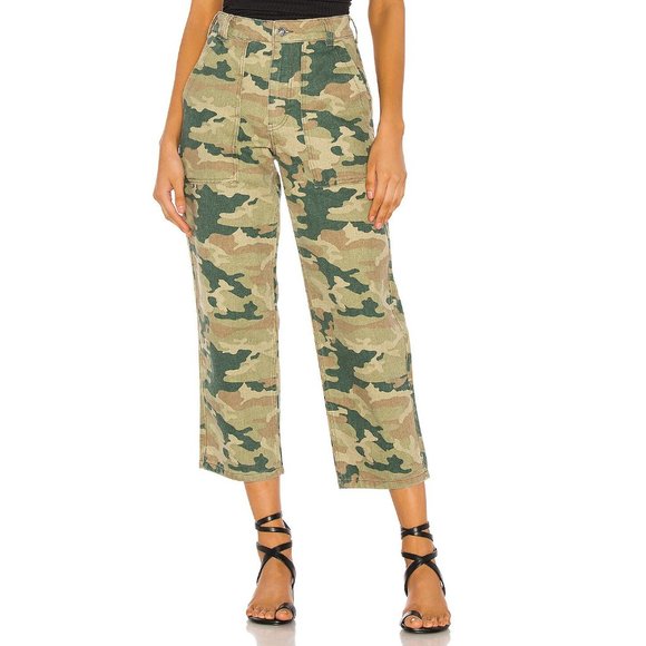 Free People Denim - Free People Remi Camo Pant High Waist Cotton Camouflage Cropped Green Size 28
